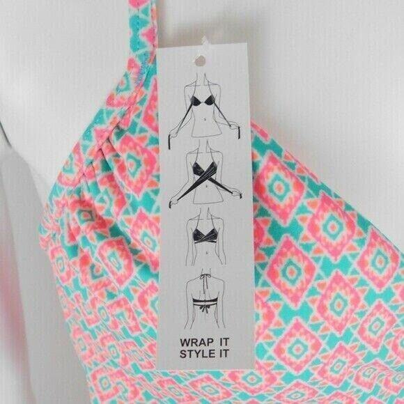 Coco Rave Simone Pink Blue Wrap Geo Halter Bikini Top Bathing Swim Suit Sz 36C - Picture 4 of 4